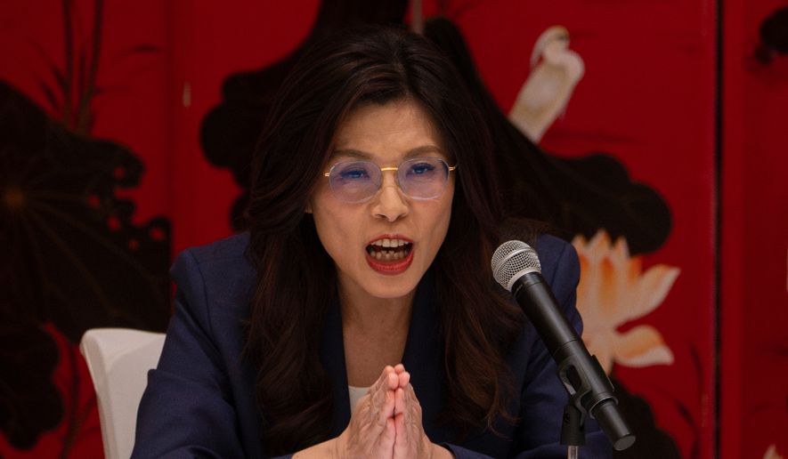 Taiwan's opposition Kuomintang (KMT) party leader Cheng Li-wun speaks during a news conference in Beijing, April 10, 2026. (AP Photo/Ng Han Guan)