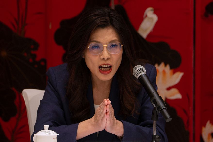 Taiwan's opposition Kuomintang (KMT) party leader Cheng Li-wun speaks during a news conference in Beijing, April 10, 2026. (AP Photo/Ng Han Guan)