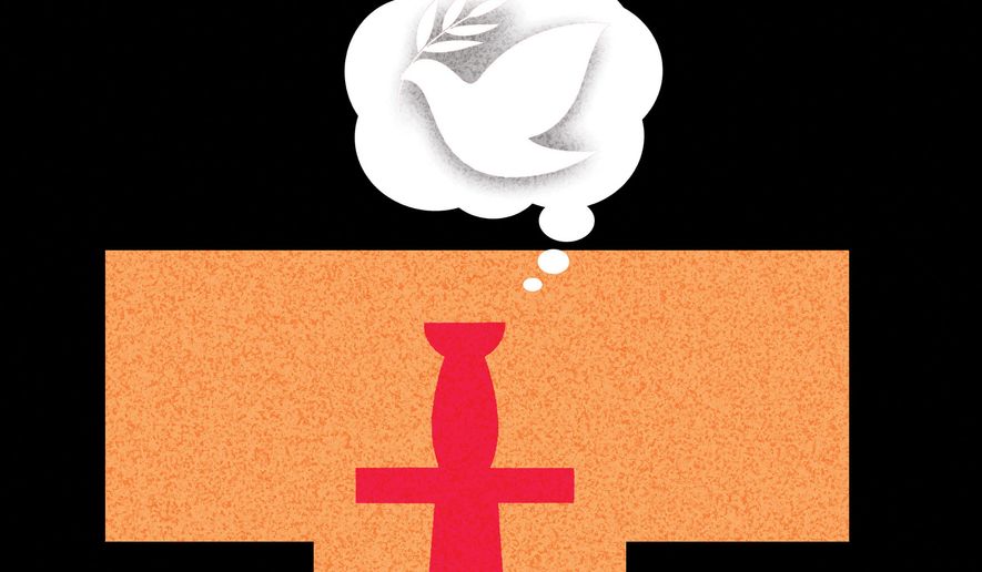 Trump and no new wars illustration by Alexander Hunter/The Washington Times