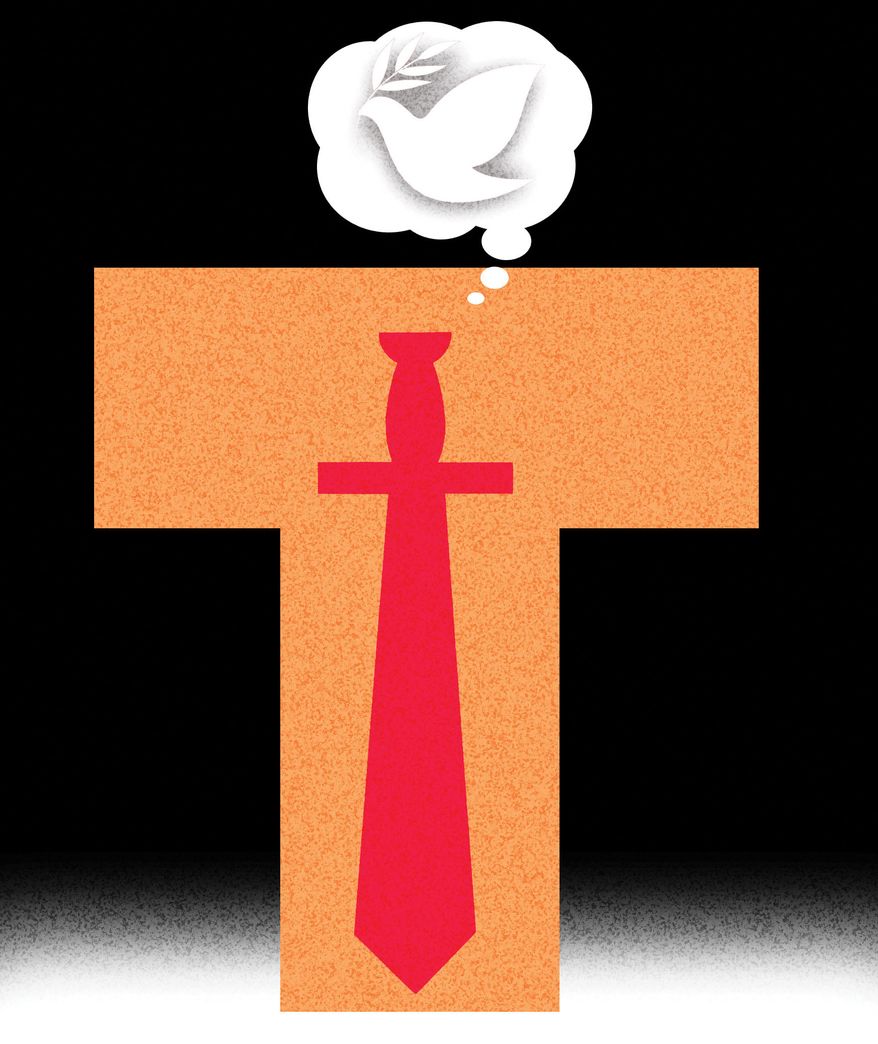 Trump and no new wars illustration by Alexander Hunter/The Washington Times