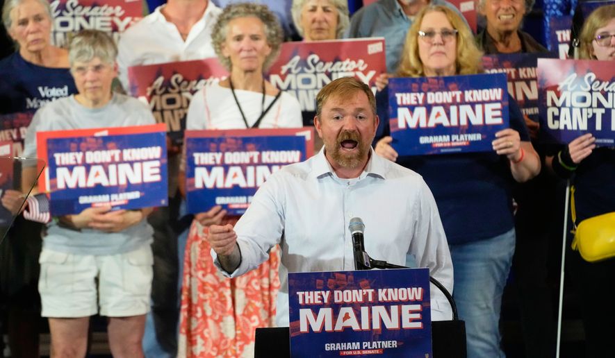 Democratic U.S. Senate candidate Graham Platner speaks during a primary election night watch party after winning the Democratic nomination Tuesday, June 9, 2026, in Blue Hill, Maine. (AP Photo/Robert F. Bukaty)