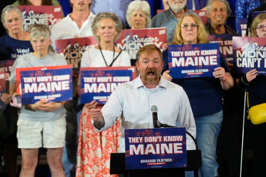 Democratic U.S. Senate candidate Graham Platner speaks during a primary election night watch party after winning the Democratic nomination Tuesday, June 9, 2026, in Blue Hill, Maine. (AP Photo/Robert F. Bukaty)