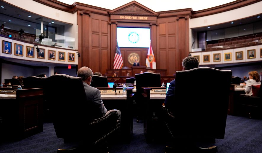 State Senators listen to debate on SB 8-D, a redistricting bill, during a special session of the Florida Legislature, April 29, 2026, in Tallahassee, Fla. (AP Photo/Mike Stewart, File)
