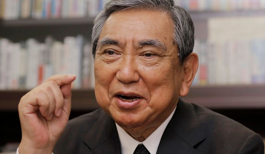FILE - Retired politician Yohei Kono speaks during an interview at his office, in Tokyo, Tuesday, June 25, 2013. (AP Photo/Itsuo Inouye, file)