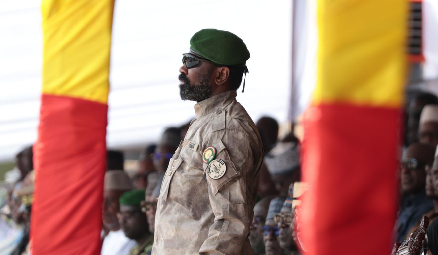 FILE - Mali's junta leader Gen. Assimi Goita attends the funeral of former defense minister Sadio Camara at the Military Engineering Parade Ground in Bamako, Mali, Thursday, April 30, 2026. (AP Photo/Boubacary Bocoum, file)