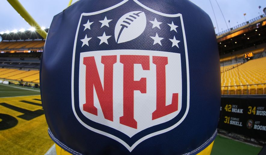 The NFL logo is displayed on a goal post at Acrisure Stadium before an NFL football game between the Pittsburgh Steelers and the Baltimore Ravens in Pittsburgh Jan. 4, 2026. (AP Photo/Gene J. Puskar, File)