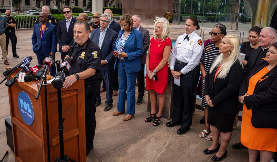 Toledo Police Chief Michael Troendle speaks during a news conference about the shooting at the Old West End Festival Tuesday, June 9, 2026, at One Government Center in Toledo, Ohio. (Jeremy Wadsworth/The Blade via AP)