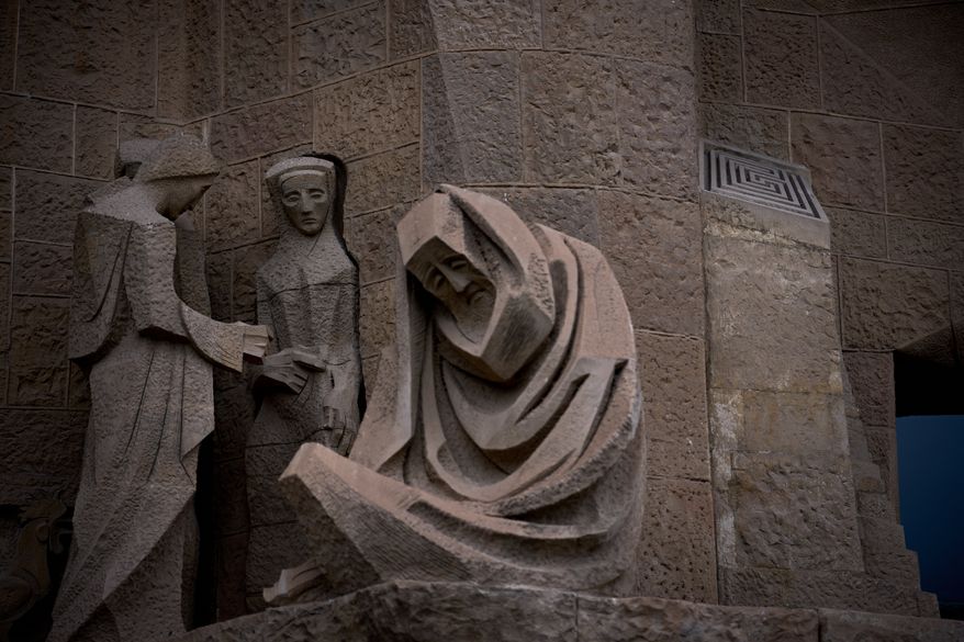 A small square-shaped labyrinth is photographed at the Passion Façade at the basilica's Sagrada Família in Barcelona, Spain, Spain, May 15, 2026. (AP Photo/Emilio Morenatti)