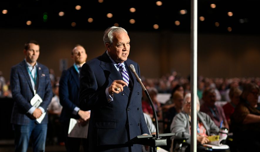 Albert Mohler, president of The Southern Baptist Theological Seminary, submits a motion regarding women pastors during the annual meeting of the Southern Baptist Convention, Tuesday, June 9, 2026, in Orlando, Fla. (AP Photo/Phelan M. Ebenhack)