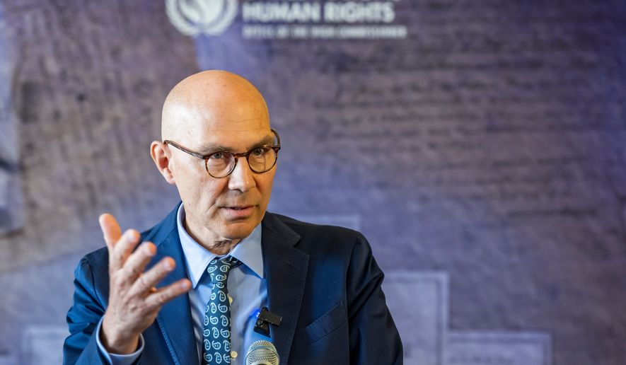 U.N. High Commissioner for Human Rights Volker Turk speaks to the media, at the Office of the United Nations High Commissioner for Human Rights (OHCHR) Palais Wilson, in Geneva, Switzerland, Wednesday, June 10, 2026. (Martial Trezzini/Keystone via AP)