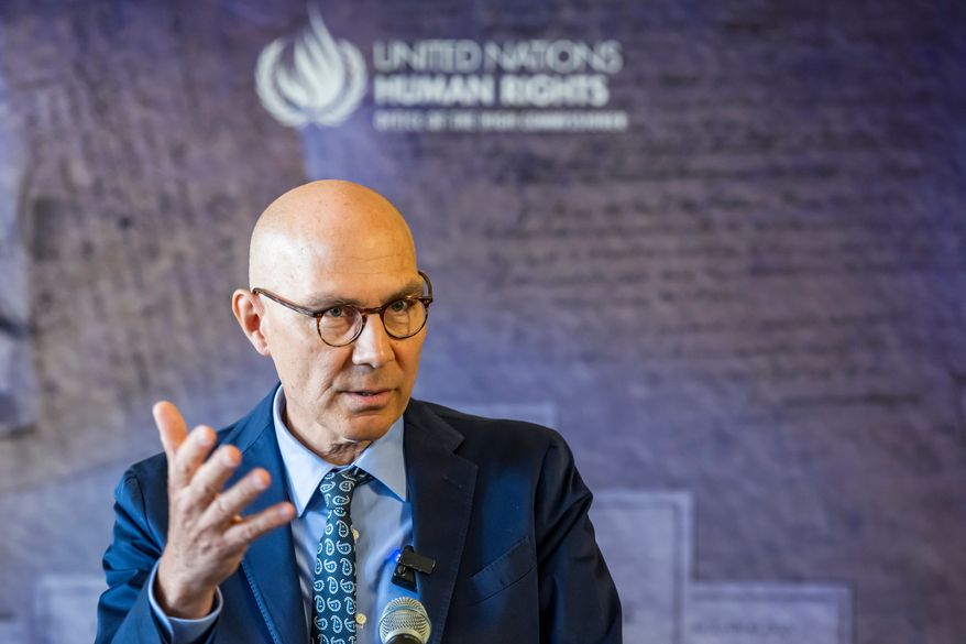 U.N. High Commissioner for Human Rights Volker Turk speaks to the media, at the Office of the United Nations High Commissioner for Human Rights (OHCHR) Palais Wilson, in Geneva, Switzerland, Wednesday, June 10, 2026. (Martial Trezzini/Keystone via AP)