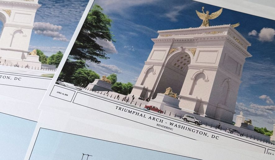 Artist renderings and diagrams for President Donald Trump's new triumphal arch released by the U.S. Commission of Fine Arts that is planned to be built in Washington between the Lincoln Memorial and Arlington National Cemetery, are photographed, April 10, 2026. (AP Photo/Jon Elswick, file)