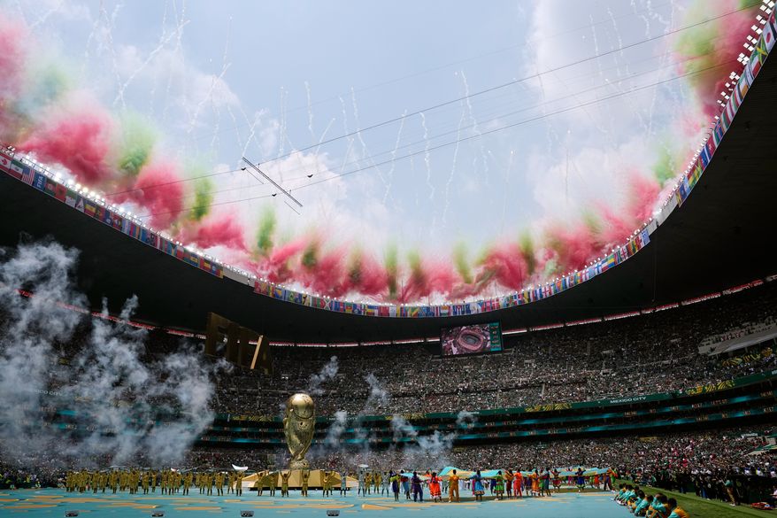 Fireworks go off above the stadium during the opening ceremony before the start of the World Cup Group A soccer match between Mexico and South Africa in Mexico City, Thursday, June 11, 2026. (AP Photo/Natacha Pisarenko)