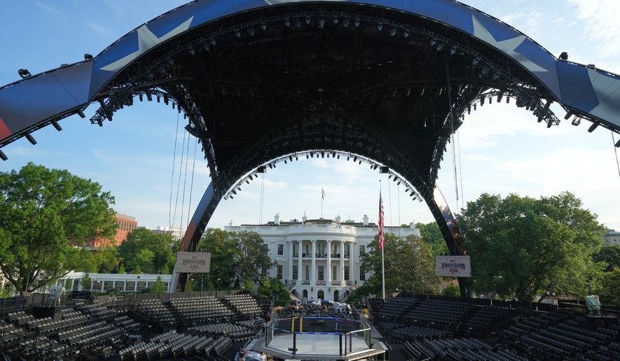 The arena for the UFC Freedom 250 fights on the South Lawn of the White House is photographed Thursday, June 11, 2026, in Washington. (AP Photo/Alex Brandon)