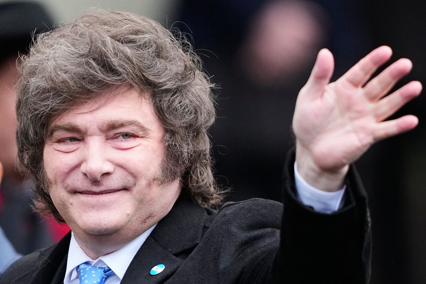 Argentine President Javier Milei arrives at the Cathedral for a Te Deum to celebrate the anniversary of the May Revolution, which marked the beginning of the country's independence from Spain, in Buenos Aires, Argentina, May 25, 2026. (AP Photo/Natacha Pisarenko, File)