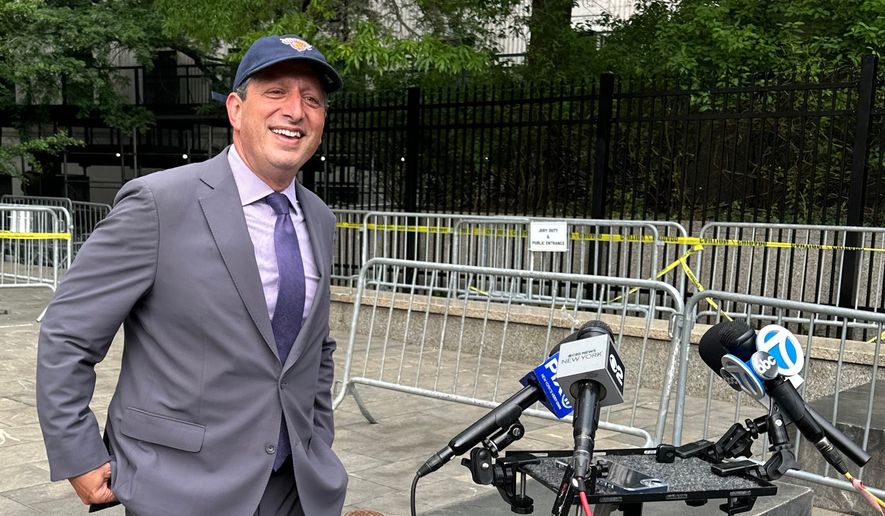 Democrat Brad Lander approaches microphones outside a federal court in New York on Thursday, June 11, 2026, after a judge exonerated him on a misdemeanor obstruction charge stemming from an immigration protest last September. (AP Photo/Larry Neumeister)