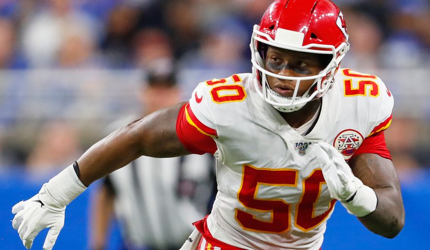 FILE - Kansas City Chiefs inside linebacker Darron Lee (50) plays against the Detroit Lions during an NFL football game in Detroit on Sept. 29, 2019. (AP Photo/Paul Sancya, File)