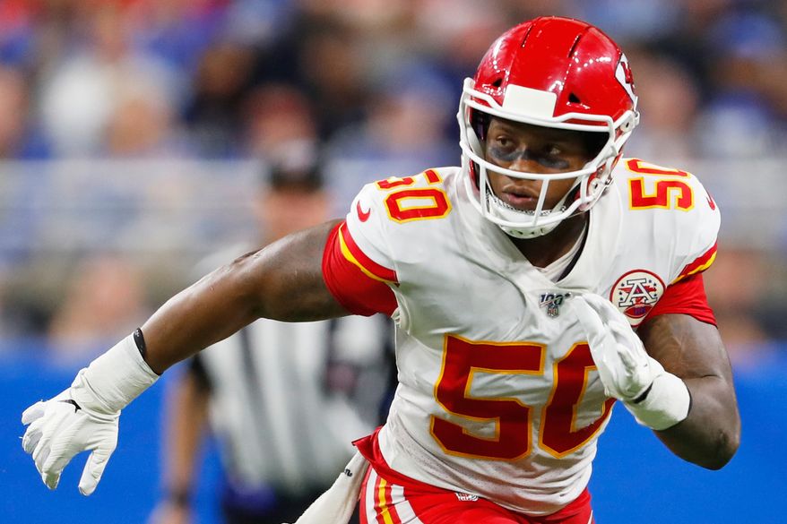 FILE - Kansas City Chiefs inside linebacker Darron Lee (50) plays against the Detroit Lions during an NFL football game in Detroit on Sept. 29, 2019. (AP Photo/Paul Sancya, File)