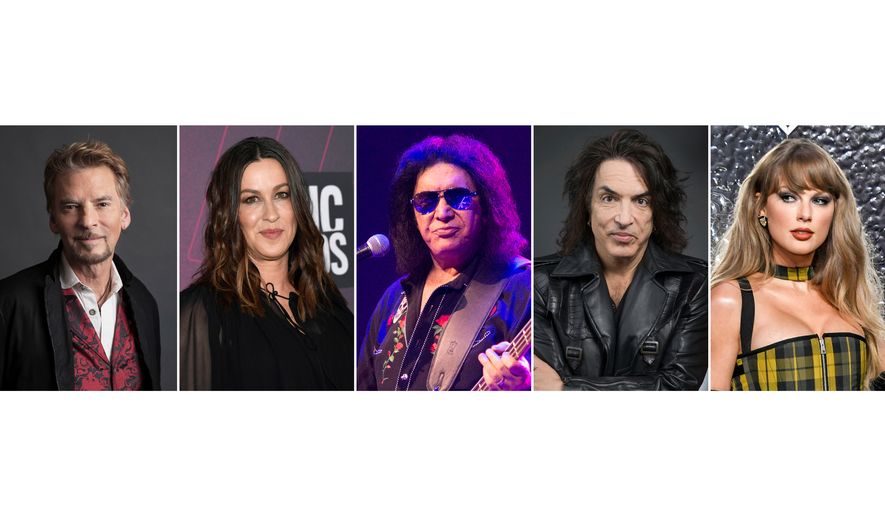 This combination of images shows songwriters, from left, Kenny Loggins, Alanis Morissette, Gene Simmons, Paul Stanley and Taylor Swift. (AP Photo)