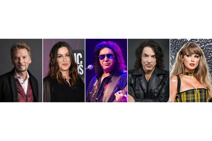 This combination of images shows songwriters, from left, Kenny Loggins, Alanis Morissette, Gene Simmons, Paul Stanley and Taylor Swift. (AP Photo)
