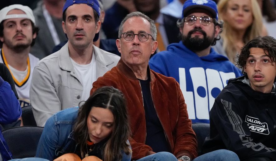 Jerry Seinfeld watches during the second half of Game 4 of the NBA Finals basketball series between the San Antonio Spurs and the San Antonio Spurs, Wednesday, June 10, 2026, in New York. (AP Photo/Ross D. Franklin)