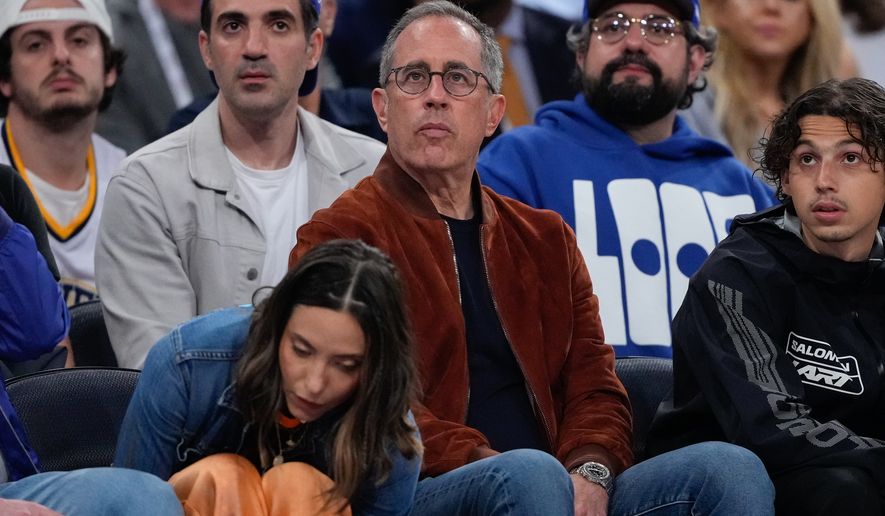 Jerry Seinfeld watches during the second half of Game 4 of the NBA Finals basketball series between the San Antonio Spurs and the San Antonio Spurs, Wednesday, June 10, 2026, in New York. (AP Photo/Ross D. Franklin)