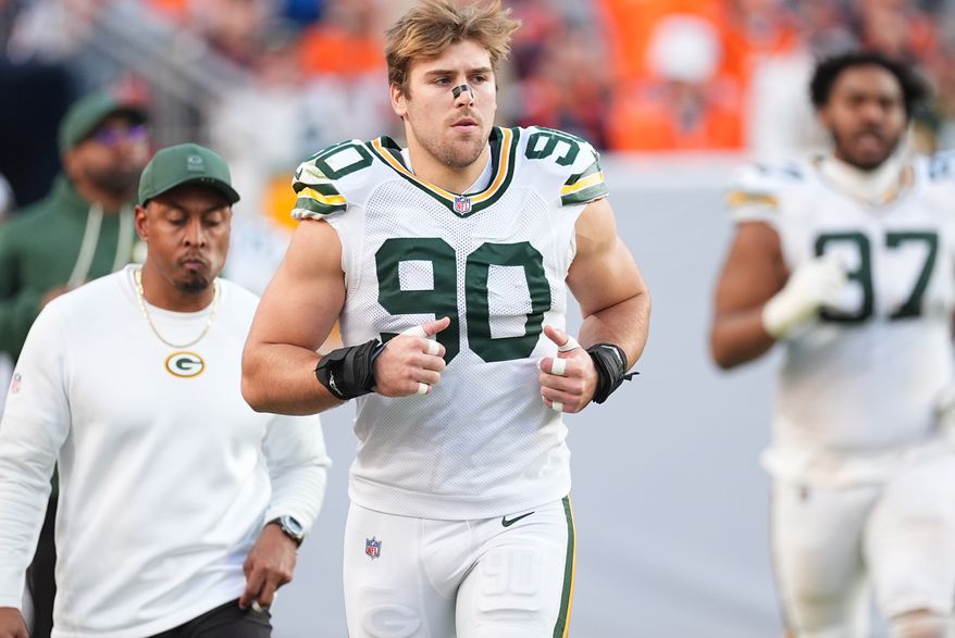 FILE - Green Bay Packers defensive end Lukas van Ness (90) in the second half of an NFL football game, Dec. 14, 2025, in Denver. (AP Photo/David Zalubowski, File)