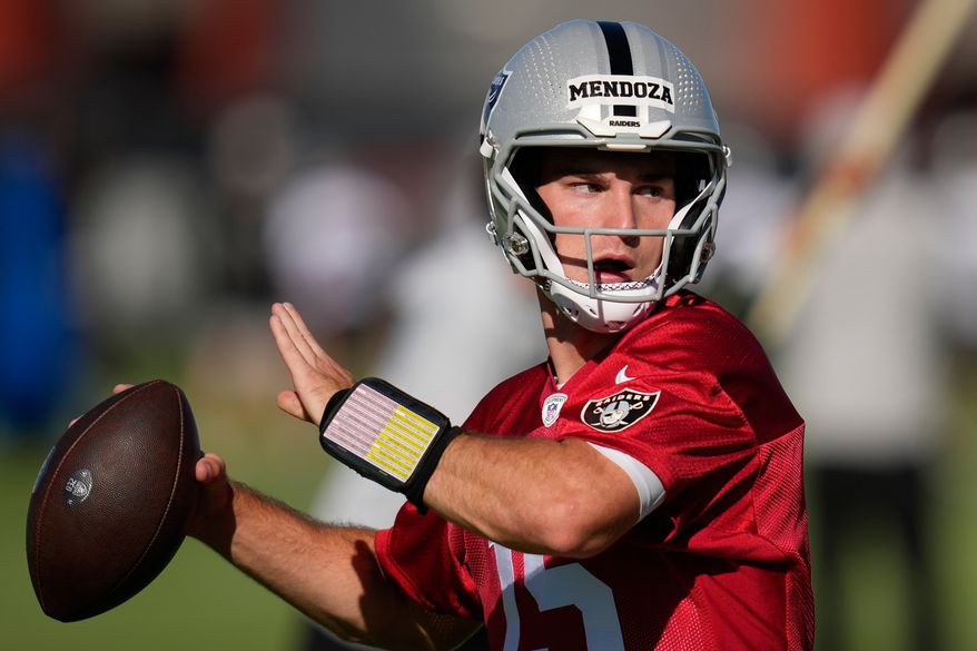 Las Vegas Raiders quarterback Fernando Mendoza throws during the NFL football team's practice Wednesday, June 10, 2026, in Henderson, Nev. (AP Photo/John Locher)