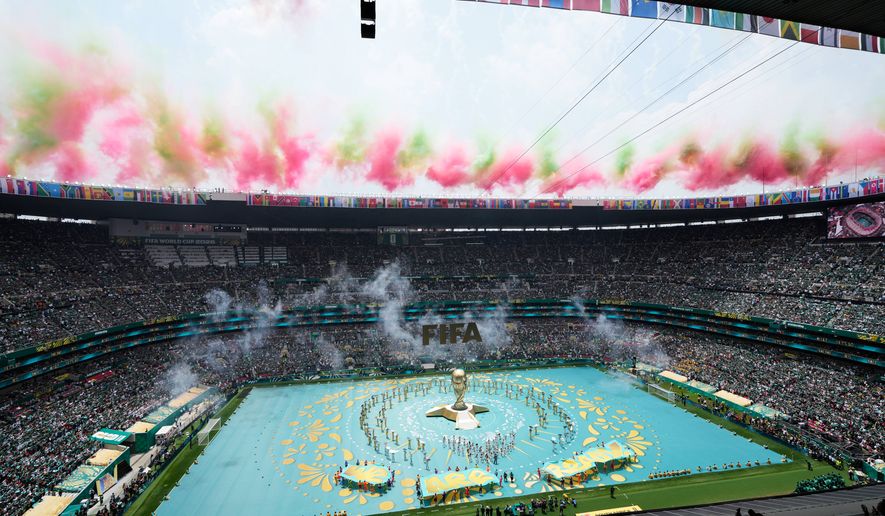 Performers on the pitch during the opening ceremony before the start of the World Cup Group A soccer match between Mexico and South Africa in Mexico City, Thursday, June 11, 2026. (AP Photo/Ricardo Mazalan)