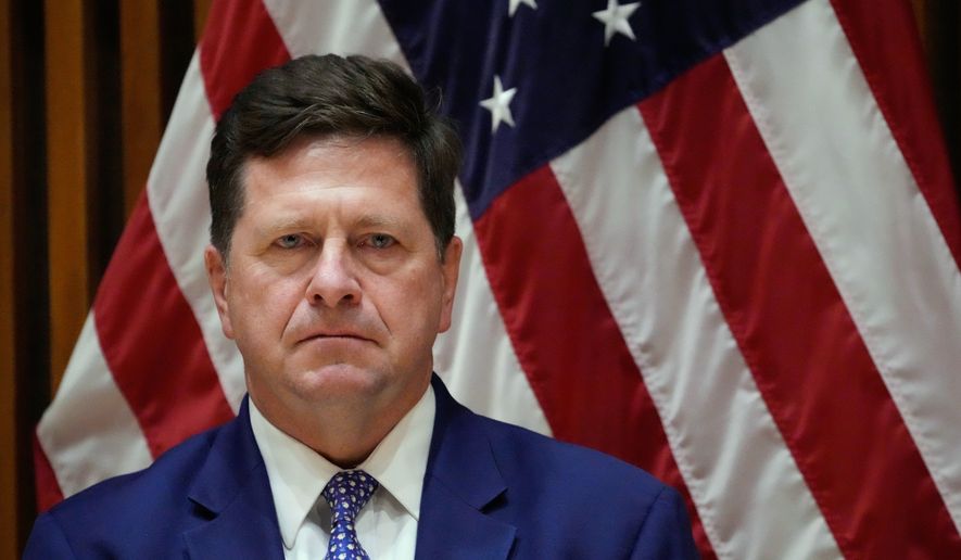 Jay Clayton, U.S. Attorney for the Southern District of New York, listens during a news conference in New York, March 9, 2026. (AP Photo/Seth Wenig) ** FILE **