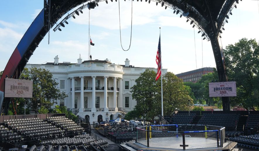 The arena for the UFC Freedom 250 fights on the South Lawn of the White House is photographed Thursday, June 11, 2026, in Washington. (AP Photo/Alex Brandon)