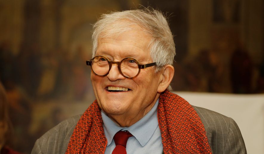Artist David Hockney after unveiling the bottle design for the 2014 vintage wine of Château Mouton Rothschild in London, Friday, Feb. 3, 2017. (AP Photo/Frank Augstein, File)