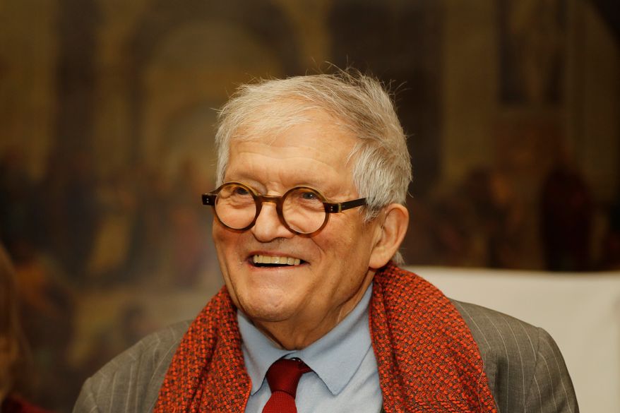 Artist David Hockney after unveiling the bottle design for the 2014 vintage wine of Château Mouton Rothschild in London, Friday, Feb. 3, 2017. (AP Photo/Frank Augstein, File)