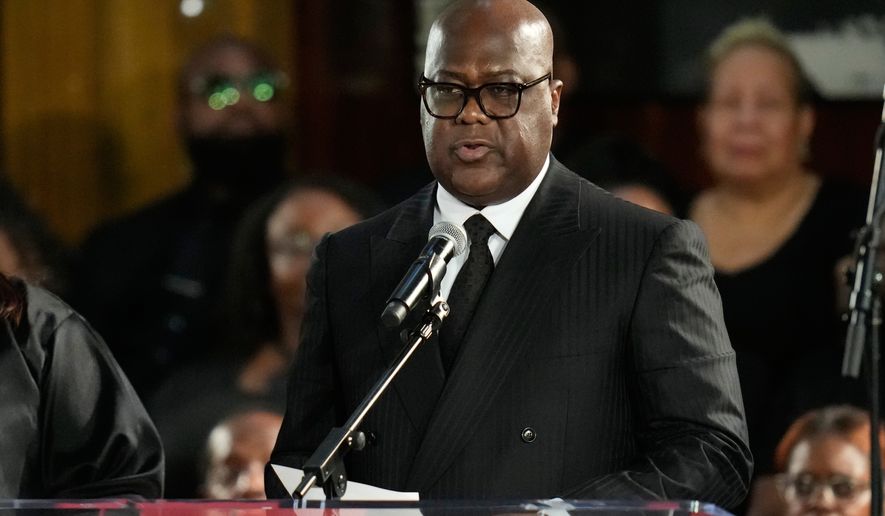 FILE - Democratic Republic of Congo President Felix-Antoine Tshisekedi Tshilombo speaks during the Homegoing Celebration of Life for the Rev. Jesse Jackson, March 7, 2026, at Rainbow PUSH Coalition headquarters in Chicago. (AP Photo/Erin Hooley, File)