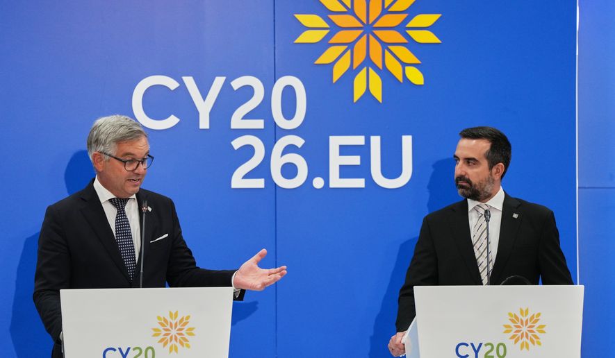 Commissioner for Internal Affairs and MigrationMagnus Brunner, and Cypriot Deputy Minister of Migration and International Protection Nicholas Ioannides, during a press conference after an informal ministerial conference on the Pact on Migration and Asylum in Nicosia, Cyprus, Friday, June 12, 2026. (AP Photo/Petros Karadjias)