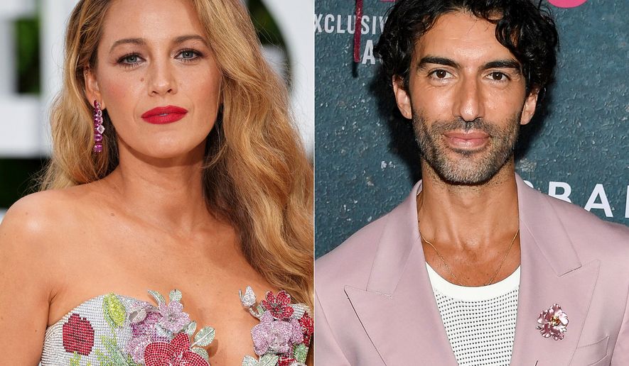This combination of images shows Blake Lively at the London screening of the film "It 'Ends With Us" on Aug. 8, 2024, left, and Justin Baldoni at the world premiere of the film in New York on Aug. 6, 2024. (AP Photo, File)