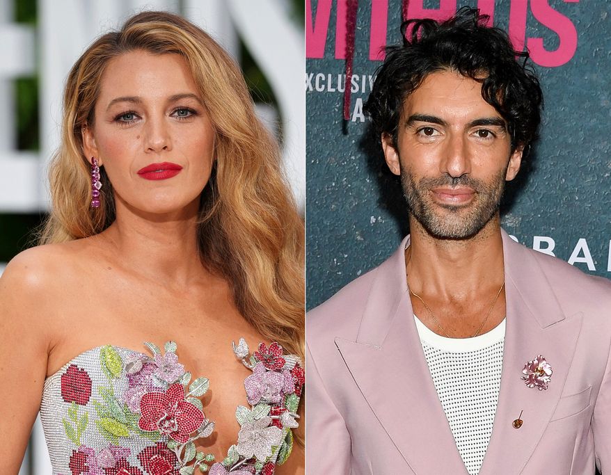 This combination of images shows Blake Lively at the London screening of the film "It 'Ends With Us" on Aug. 8, 2024, left, and Justin Baldoni at the world premiere of the film in New York on Aug. 6, 2024. (AP Photo, File)