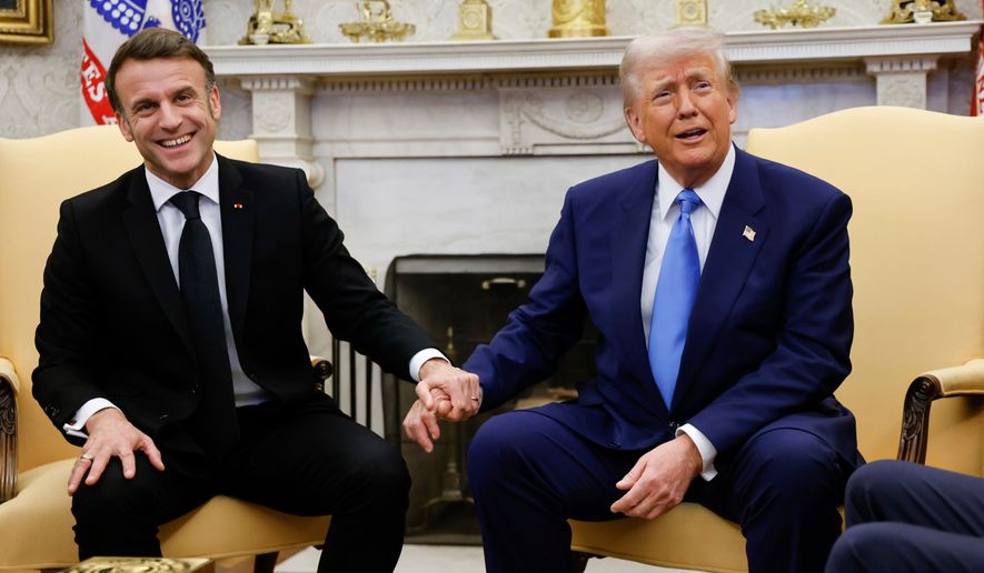 President Donald Trump, right, meets with France's President Emmanuel Macron in the Oval Office of the White House in Washington, Feb. 24, 2025. (Ludovic Marin/Pool via AP, file)