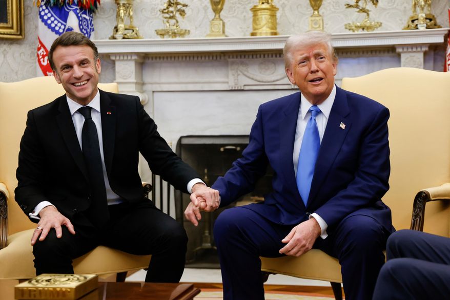 President Donald Trump, right, meets with France's President Emmanuel Macron in the Oval Office of the White House in Washington, Feb. 24, 2025. (Ludovic Marin/Pool via AP, file)