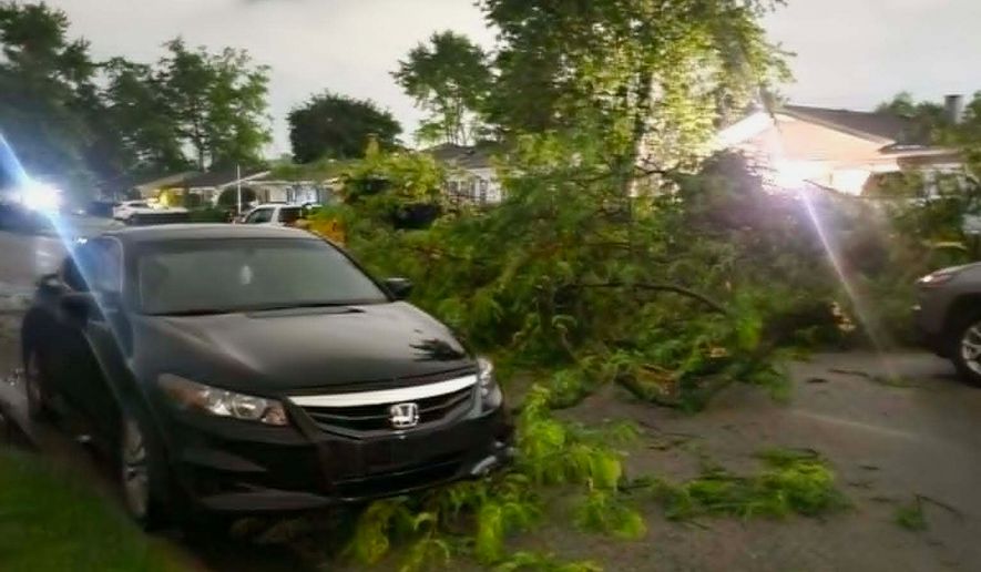 Damaged tree branches lie on a street in Elkhart, Ind., Thursday, June 11, 2026, following a severe weather system in the area. (Jennifer Hall via AP)