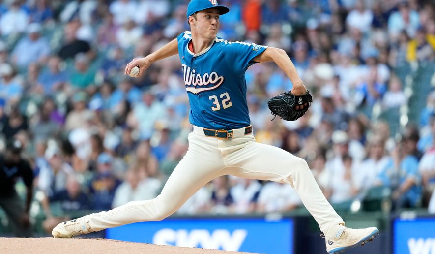 Milwaukee Brewers' Jacob Misiorowski pitches during the first inning of a baseball game against the Philadelphia Phillies, Friday, June 12, 2026, in Milwaukee. (AP Photo/Aaron Gash)