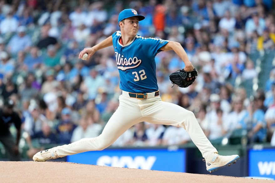 Milwaukee Brewers' Jacob Misiorowski pitches during the first inning of a baseball game against the Philadelphia Phillies, Friday, June 12, 2026, in Milwaukee. (AP Photo/Aaron Gash)