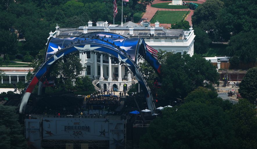 The arena for the UFC Freedom 250 fights is pictured on the South Lawn of the White House in Washington, Thursday, June 11, 2026. (AP Photo/Julia Demaree Nikhinson)