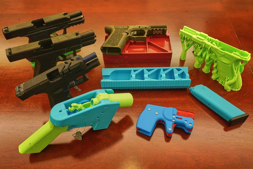 Ghost guns, provided by the New York City Police Department, are displayed in the Manhattan District Attorney's office, in New York, Oct. 15, 2025. (AP Photo/Richard Drew, File)