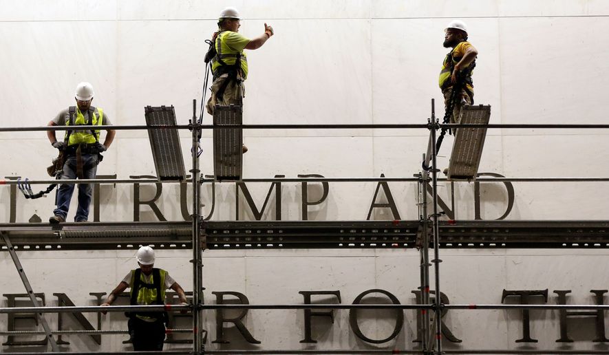 Workers erect scaffolding in front of the John F. Kennedy Center for the Performing Arts sign, in Washington, Friday, June 12, 2026. (AP Photo/Rahmat Gul)