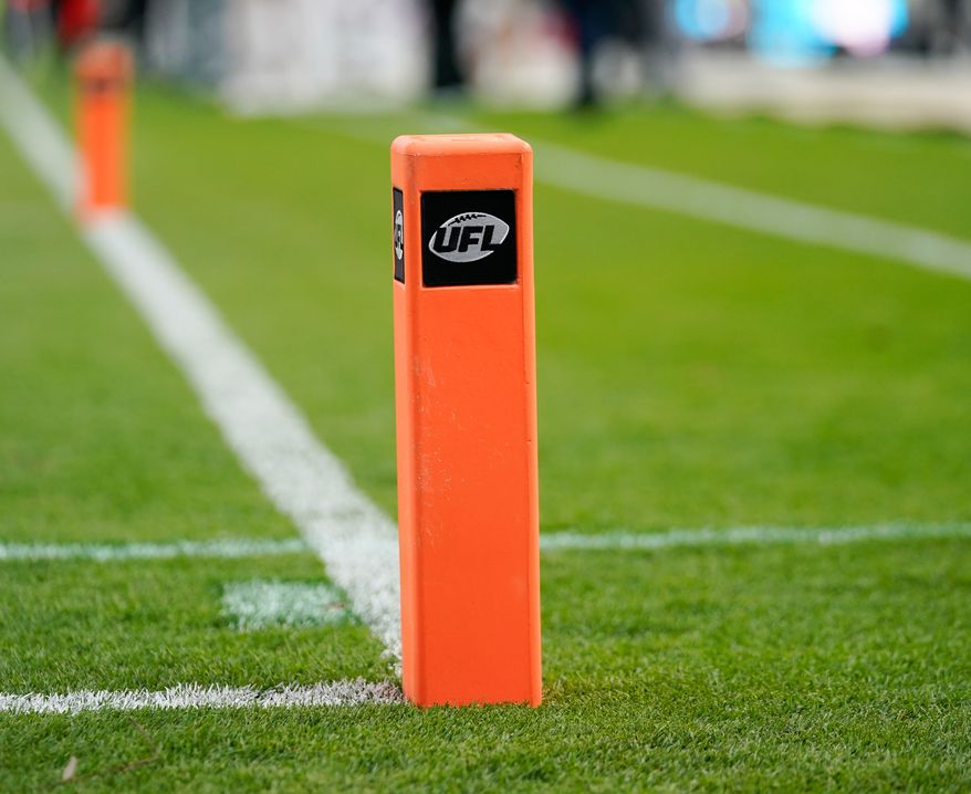 The UFL logo pylon displayed in the endzone during a UFL football game between the Birmingham Stallions and the Houston Gamblers on April 5, 2026 at Shell Energy Stadium. Photo by: Jerome Hicks/ Sipa USA(Sipa via AP Images)