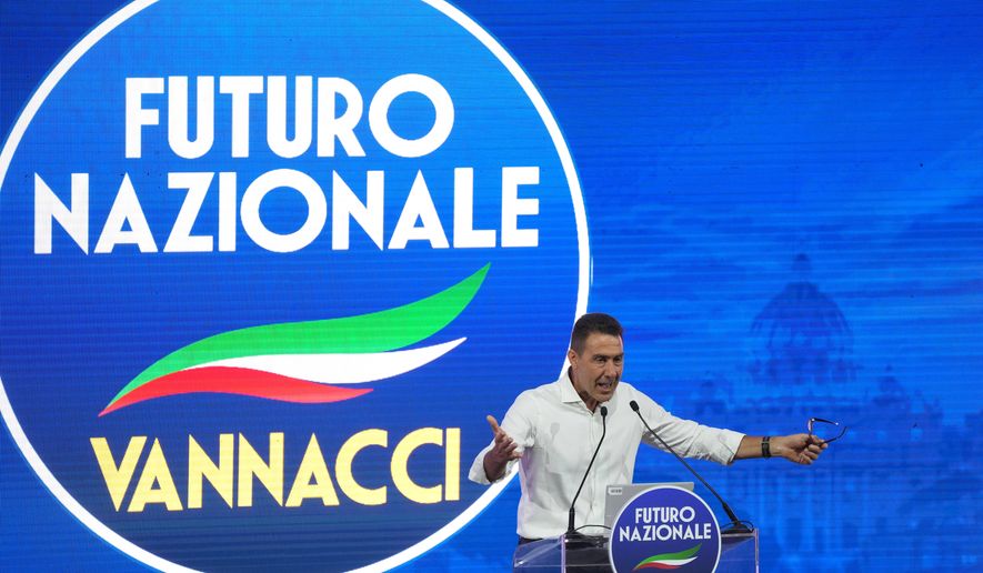 EU Parliament member and former Italian army general Roberto Vannacci addresses the audience as he concludes the two-day founding congress of his far-right party, Futuro Nazionale (National Future) in Rome, Sunday, June 14, 2026. (AP Photo/Gregorio Borgia)