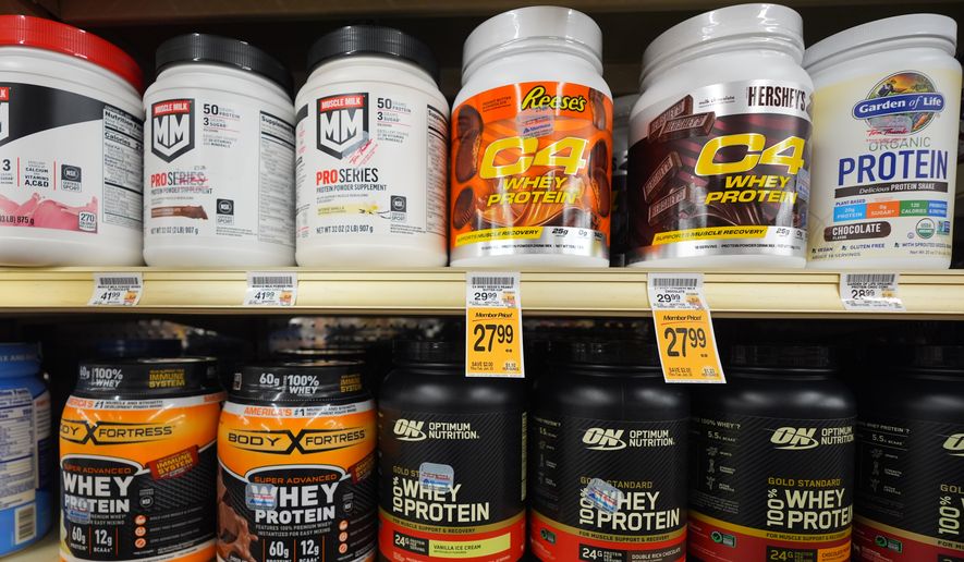Protein products sit for sale at a grocery store, Wednesday, June 10, 2026, in Dallas. (AP Photo/LM Otero)