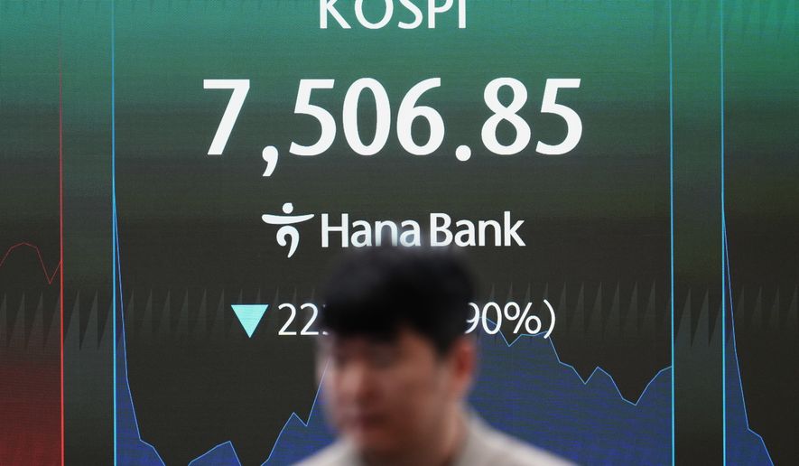 A dealer walks past a screen showing the Korea Composite Stock Price Index (KOSPI) at a dealing room of Hana Bank in Seoul, South Korea, Thursday, June 11, 2026. (AP Photo/Lee Jin-man)