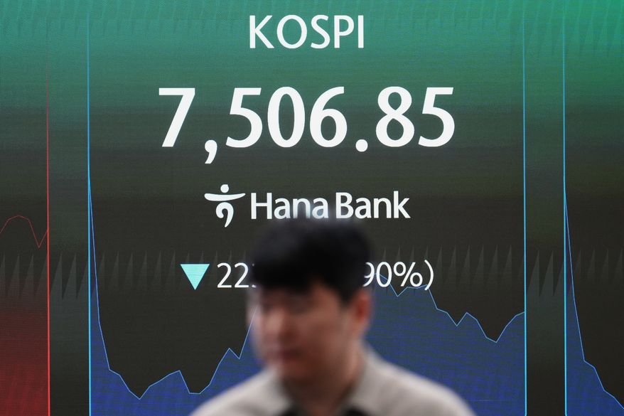 A dealer walks past a screen showing the Korea Composite Stock Price Index (KOSPI) at a dealing room of Hana Bank in Seoul, South Korea, Thursday, June 11, 2026. (AP Photo/Lee Jin-man)